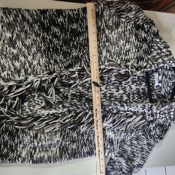 New Directions Cardigan Hooded Fringe Open Front Sweater XL Black White - Picture 10 of 14